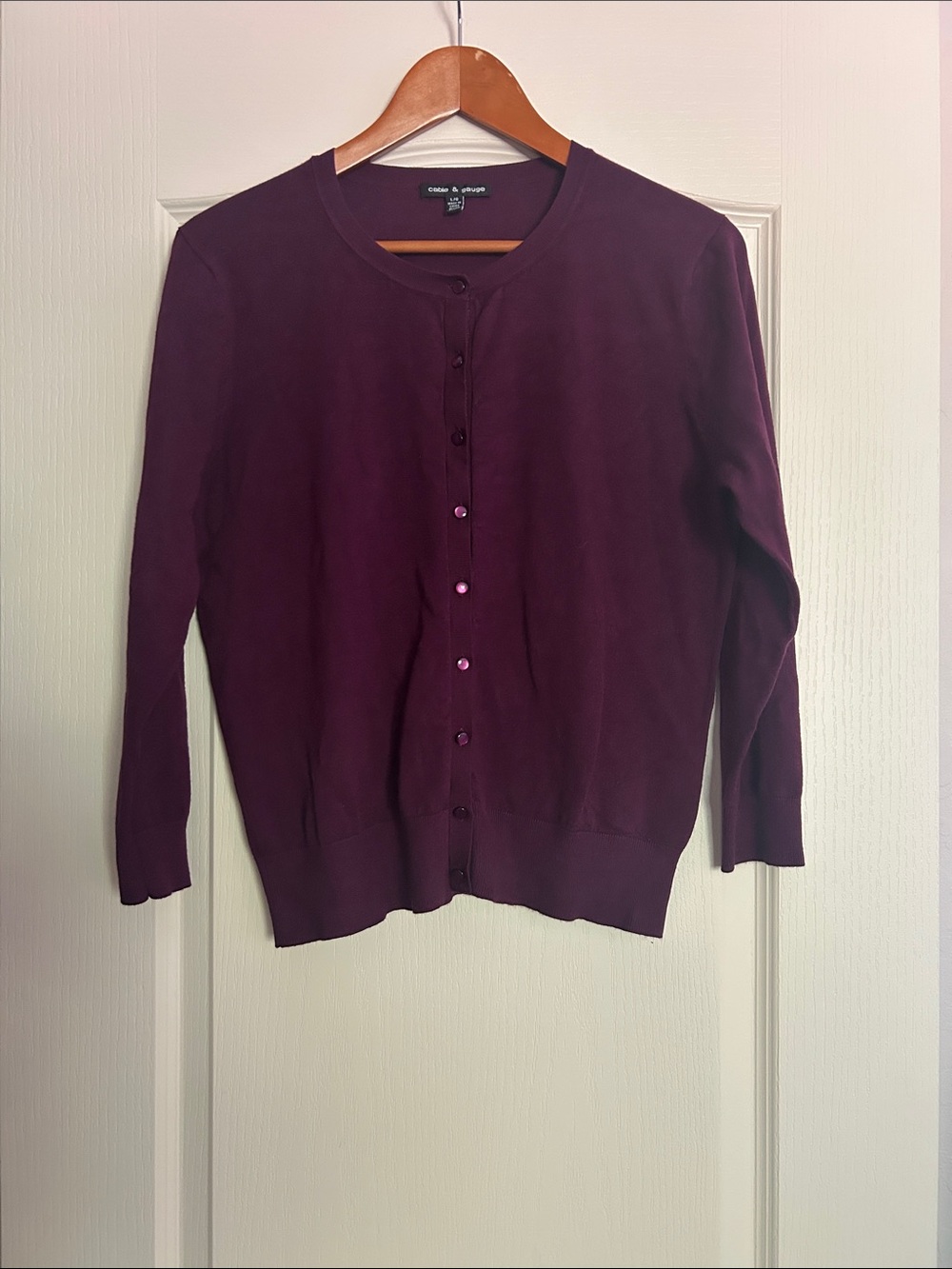 Cable & Gauge Plum Button-Front Crewneck Cardigan